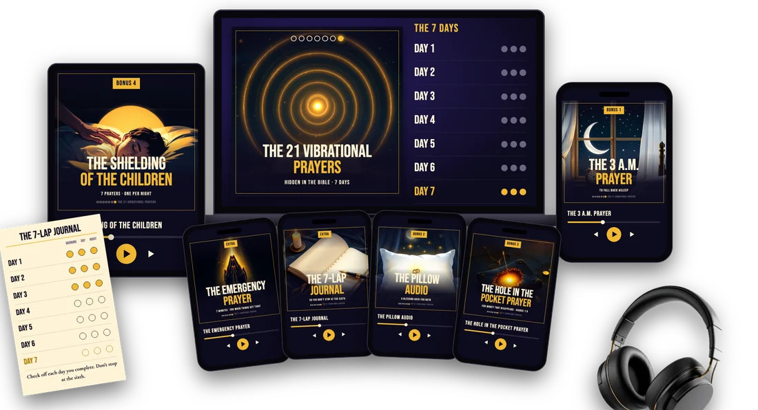 The 21 Vibrational Prayers and the four bonuses on a computer, a tablet and phones